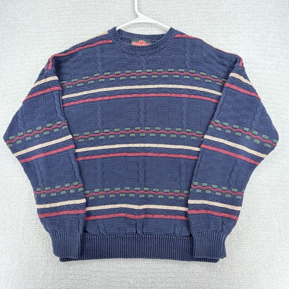 Vtg 90s Stone Haven Men L 3D Cable Knit Grandpa Sweater Ramie Cotton Blue Stripe